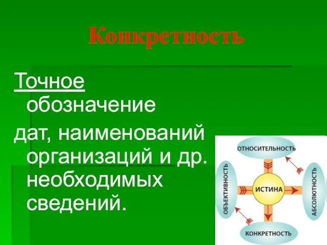 Конкретность Точное обозначение дат, наименований организаций и др. необходимых сведений.