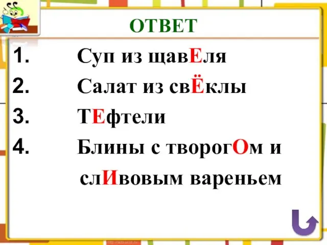 ОТВЕТ Суп из щавЕля Салат из свЁклы ТЕфтели Блины с творогОм и слИвовым вареньем