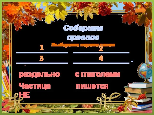 Частица НЕ с глаголами пишется раздельно Соберите правило Выберите первое слово ____________