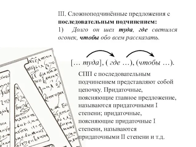 III. Сложноподчинённые предложения с последовательным подчинением: 1) Долго он шел туда, где