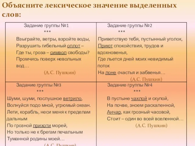 Объясните лексическое значение выделенных слов: