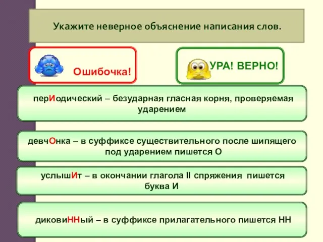 Укажите неверное объяснение написания слов. перИодический – безударная гласная корня, проверяемая ударением