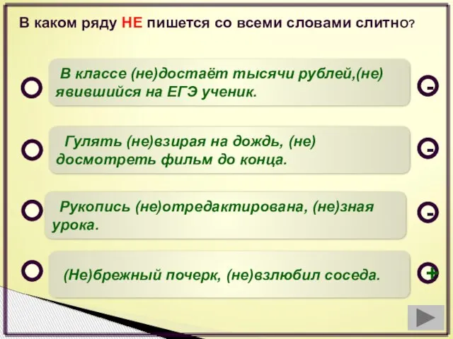 В каком ряду НЕ пишется со всеми словами слитнО? (Не)брежный почерк, (не)взлюбил