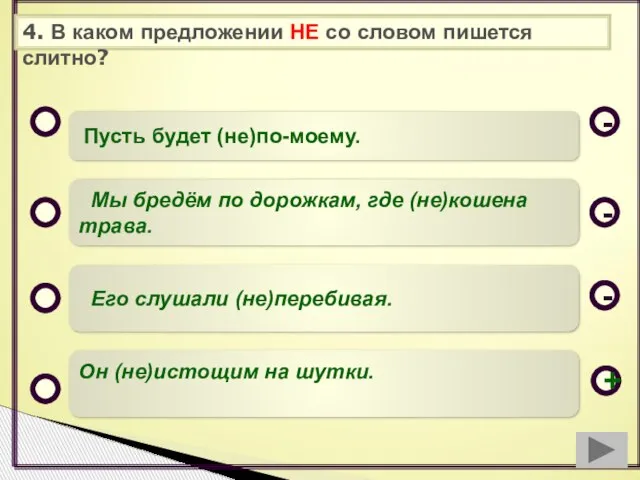 4. В каком предложении НЕ со словом пишется слитно? Пусть будет (не)по-моему.