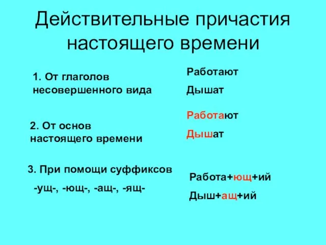 Действительные причастия настоящего времени 1. От глаголов несовершенного вида 2. От основ