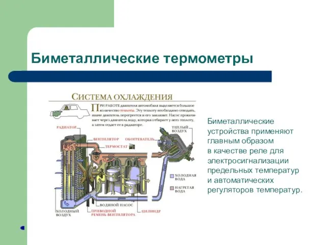 Биметаллические термометры Биметаллические устройства применяют главным образом в качестве реле для электросигнализации