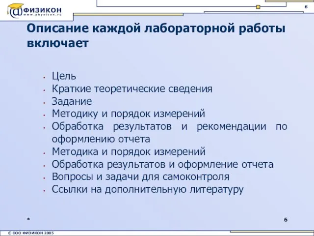 * Описание каждой лабораторной работы включает Цель Краткие теоретические сведения Задание Методику