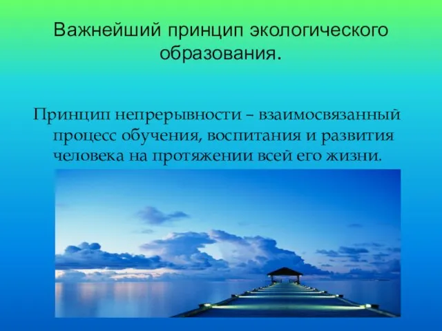 Важнейший принцип экологического образования. Принцип непрерывности – взаимосвязанный процесс обучения, воспитания и