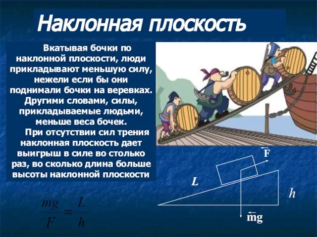 Вкатывая бочки по наклонной плоскости, люди прикладывают меньшую силу, нежели если бы