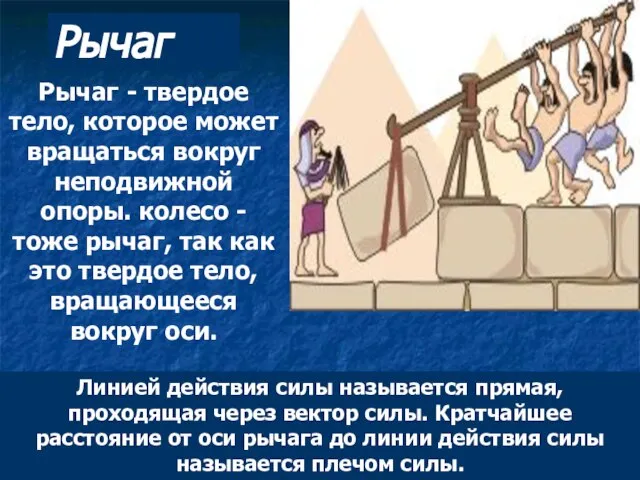 Рычаг - твердое тело, которое может вращаться вокруг неподвижной опоры. колесо -