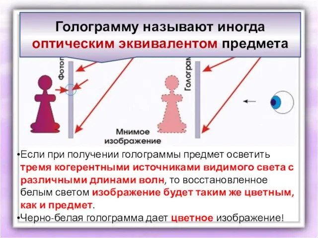 Если при получении голограммы предмет осветить тремя когерентными источниками видимого света с