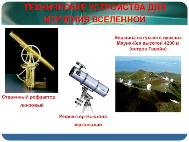 ТЕХНИЧЕСКИЕ УСТРОЙСТВА ДЛЯ ИЗУЧЕНИЯ ВСЕЛЕННОЙ Старинный рефрактор линзовый Рефлектор Ньютона зеркальный Вершина