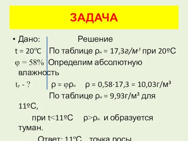 Дано: Решение t = 20ºC По таблице ρн = 17,3г/м³ при 20ºС