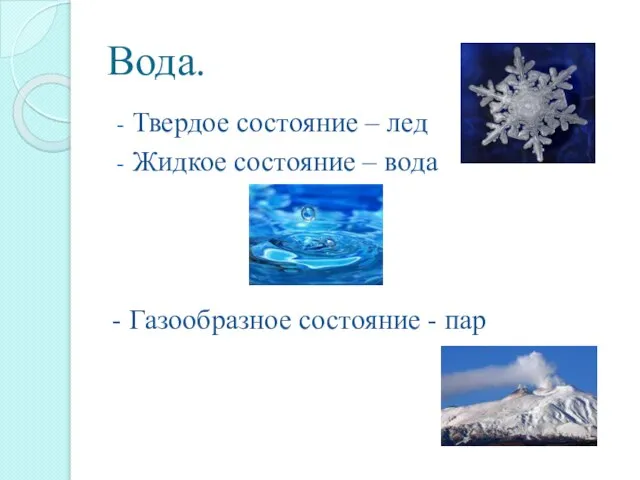 Вода. Твердое состояние – лед Жидкое состояние – вода - Газообразное состояние - пар