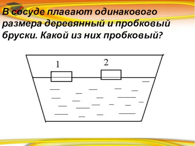 В сосуде плавают одинакового размера деревянный и пробковый бруски. Какой из них пробковый?