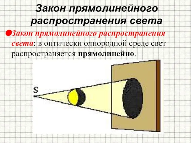 Закон прямолинейного распространения света Закон прямолинейного распространения света: в оптически однородной среде свет распространяется прямолинейно.