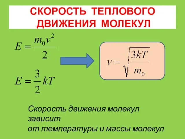 СКОРОСТЬ ТЕПЛОВОГО ДВИЖЕНИЯ МОЛЕКУЛ Скорость движения молекул зависит от температуры и массы молекул