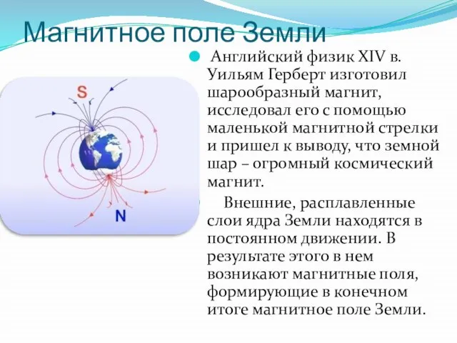 Магнитное поле Земли Английский физик XIV в. Уильям Герберт изготовил шарообразный магнит,