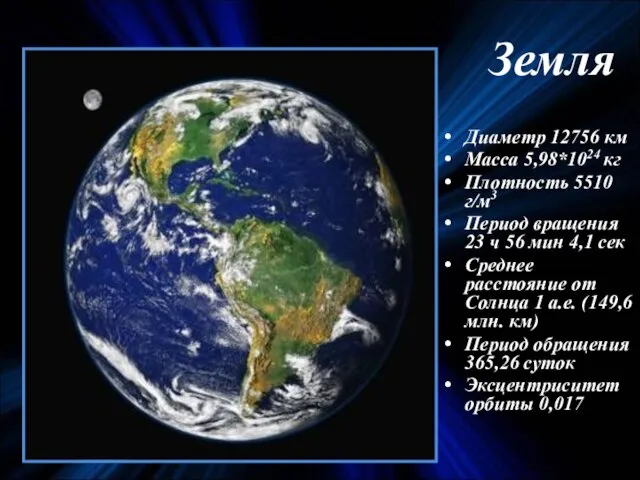 Земля Диаметр 12756 км Масса 5,98*1024 кг Плотность 5510 г/м3 Период вращения