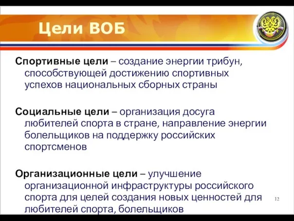 Цели ВОБ Спортивные цели – создание энергии трибун, способствующей достижению спортивных успехов