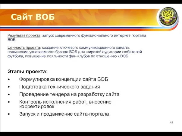 Сайт ВОБ Результат проекта: запуск современного функционального интернет-портала ВОБ Ценность проекта: создание