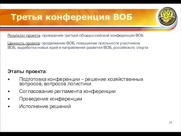 Третья конференция ВОБ Результат проекта: проведение третьей общероссийской конференции ВОБ Ценность проекта: