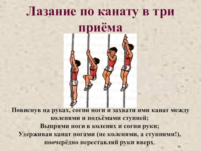 Лазание по канату в три приёма Повиснув на руках, согни ноги и