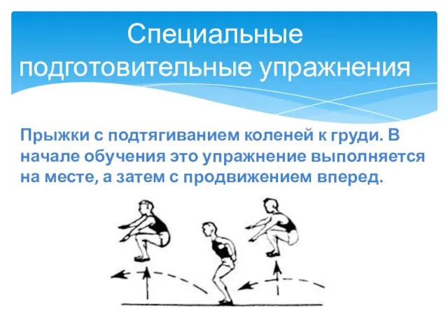 Специальные подготовительные упражнения Прыжки с подтягиванием коленей к груди. В начале обучения