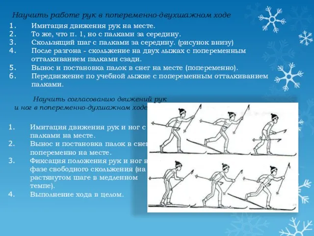 Научить работе рук в попеременно-двухшажном ходе Имитация движения рук на месте. То