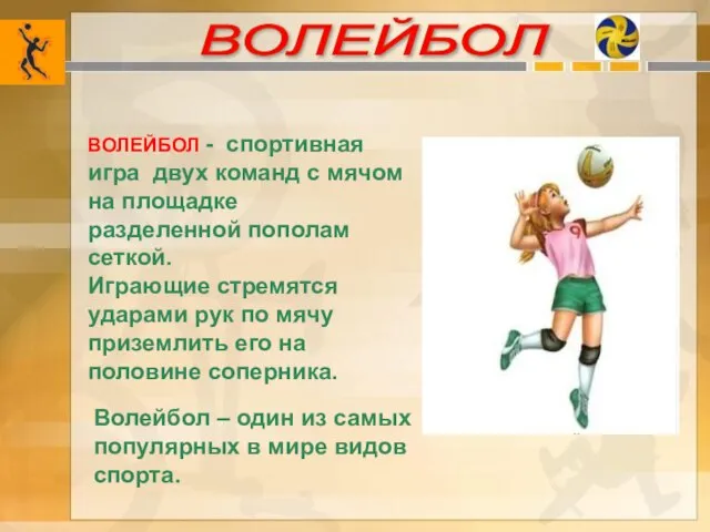 ВОЛЕЙБОЛ Волейбол – один из самых популярных в мире видов спорта. ВОЛЕЙБОЛ