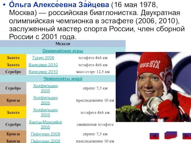 О́льга Алексе́евна За́йцева (16 мая 1978, Москва) — российская биатлонистка. Двукратная олимпийская