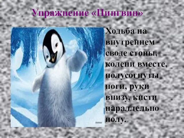 Упражнение «Пингвин» Ходьба на внутреннем своде стопы, колени вместе, полусогнуты ноги, руки внизу, кисти параллельно полу.