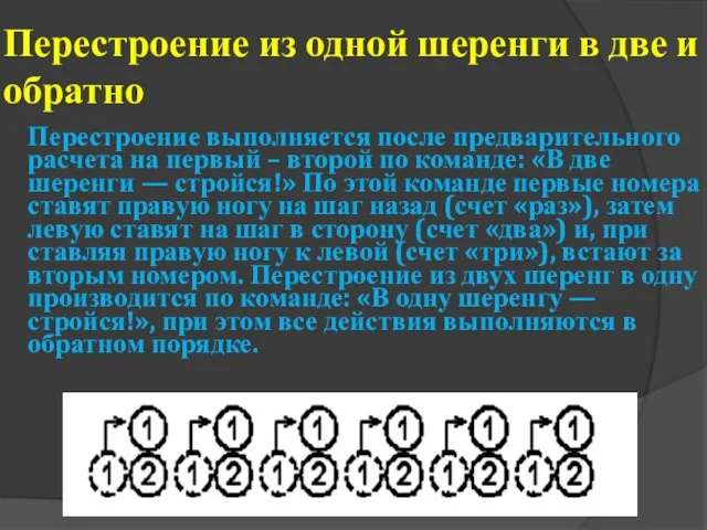 Перестроение из одной шеренги в две и обратно Перестроение выполняется после предварительного