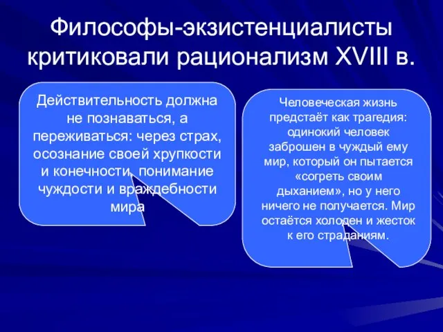 Философы-экзистенциалисты критиковали рационализм XVIII в. Действительность должна не познаваться, а переживаться: через