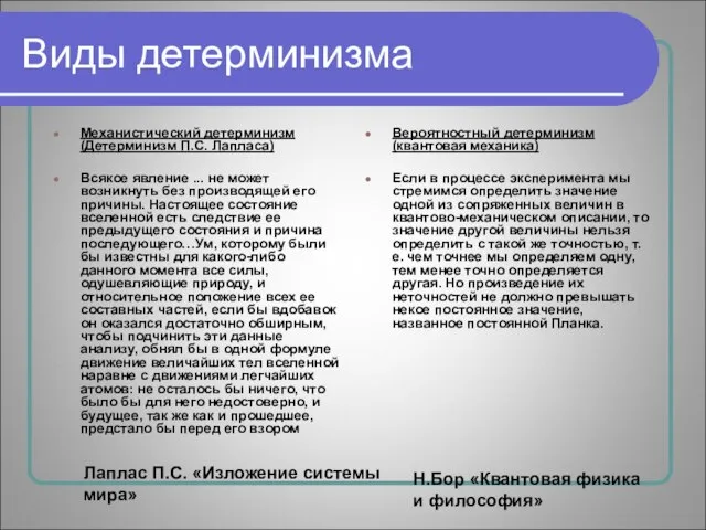 Виды детерминизма Механистический детерминизм (Детерминизм П.С. Лапласа) Всякое явление ... не может