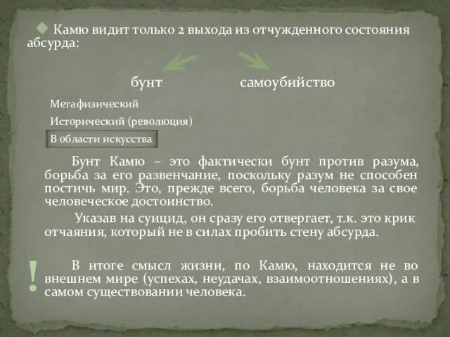 Камю видит только 2 выхода из отчужденного состояния абсурда: Бунт Камю –