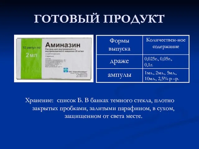 ГОТОВЫЙ ПРОДУКТ Хранение: список Б. В банках темного стекла, плотно закрытых пробками,