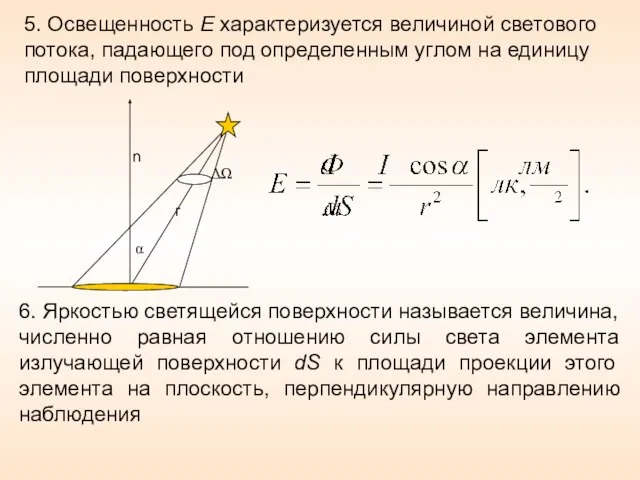 5. Освещенность E характеризуется величиной светового потока, падающего под определенным углом на