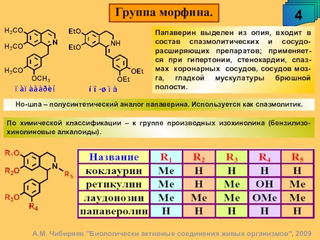 Группа морфина. 4 А.М. Чибиряев "Биологически активные соединения живых организмов", 2009 Папаверин