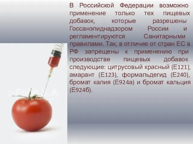 В Российской Федерации возможно применение только тех пищевых добавок, которые разрешены Госсанэпиднадзором