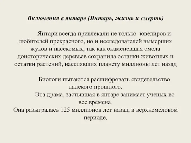 Включения в янтаре (Янтарь, жизнь и смерть) Янтари всегда привлекали не только