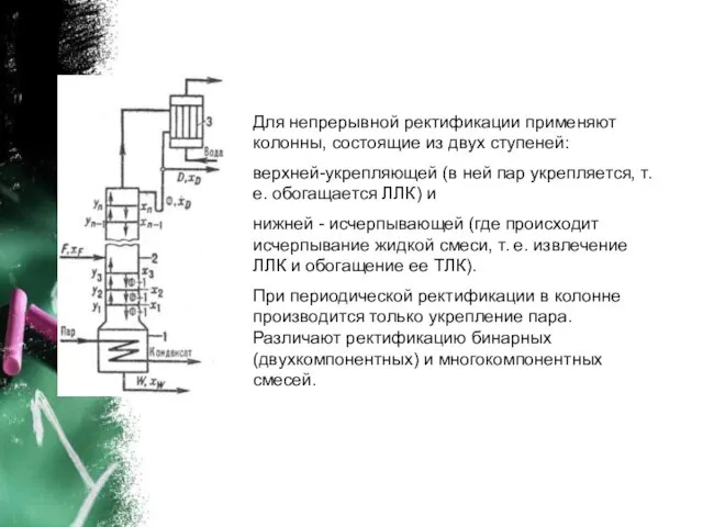 Для непрерывной ректификации применяют колонны, состоящие из двух ступеней: верхней-укрепляющей (в ней