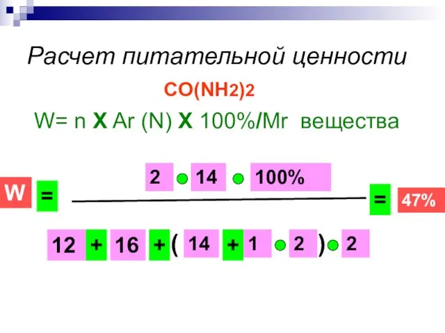 Расчет питательной ценности CO(NH2)2 W= n Х Ar (N) Х 100%/Mr вещества