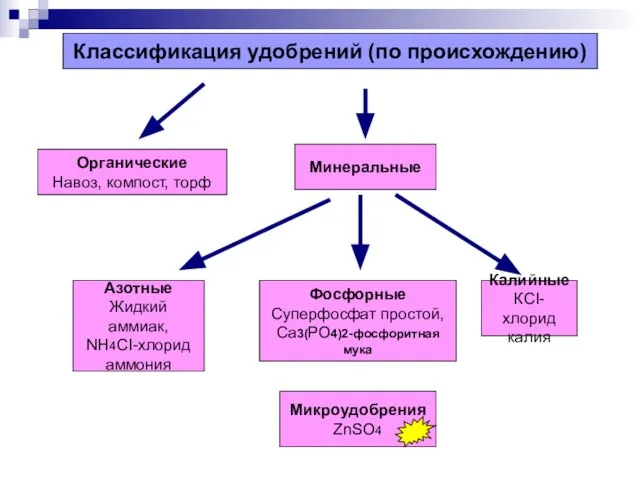 Органические Навоз, компост, торф Минеральные Классификация удобрений (по происхождению) Азотные Жидкий аммиак,