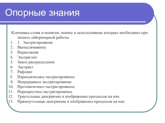 Опорные знания Ключевые слова и понятия, знание и использование которых необходимо при