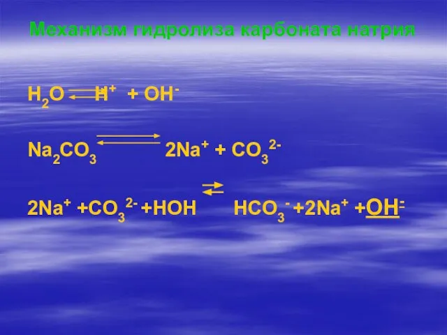 Механизм гидролиза карбоната натрия H2O H+ + OH- Na2CO3 2Na+ + CO32-