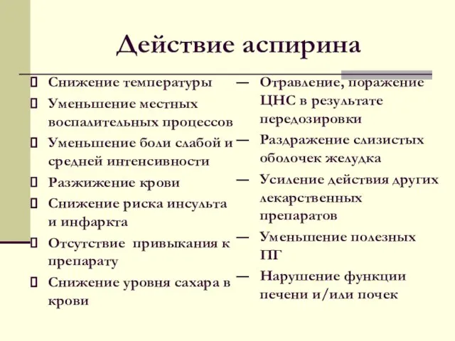 Действие аспирина Снижение температуры Уменьшение местных воспалительных процессов Уменьшение боли слабой и