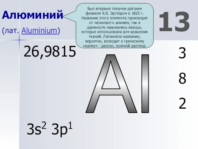 Al 13 Алюминий (лат. Aluminium) 3 8 2 26,9815 3s2 3p1 Был