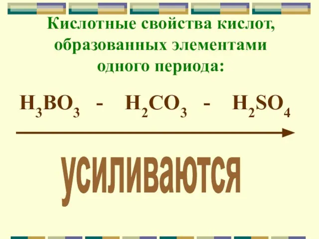 Кислотные свойства кислот, образованных элементами одного периода: H3BO3 - H2CO3 - H2SO4 усиливаются