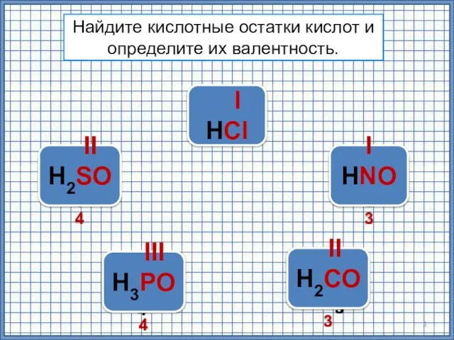 H2SO4 HNO3 H3PO4 H2СО3 HСl Найдите кислотные остатки кислот и определите их